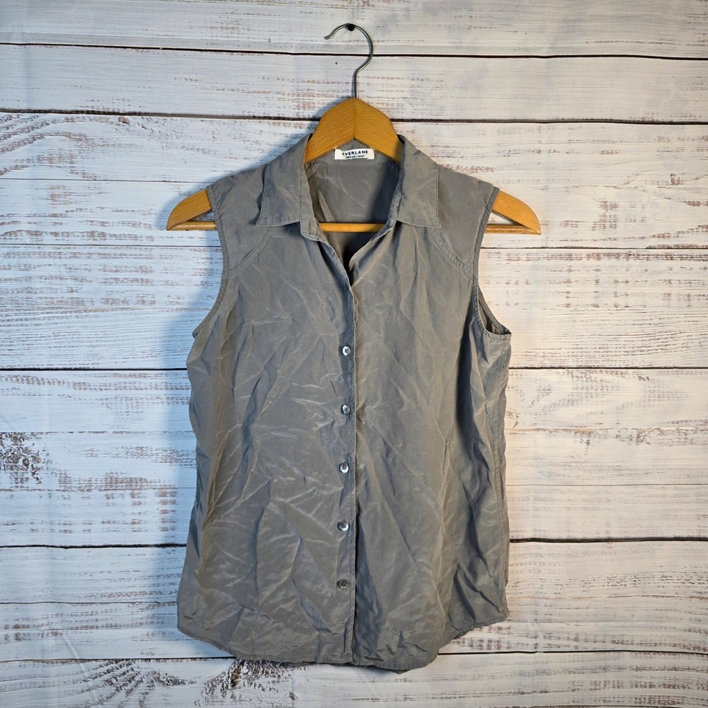 Everlane 100% Silk Sleeveless Button Front Blouse Gray Small Minimalist
